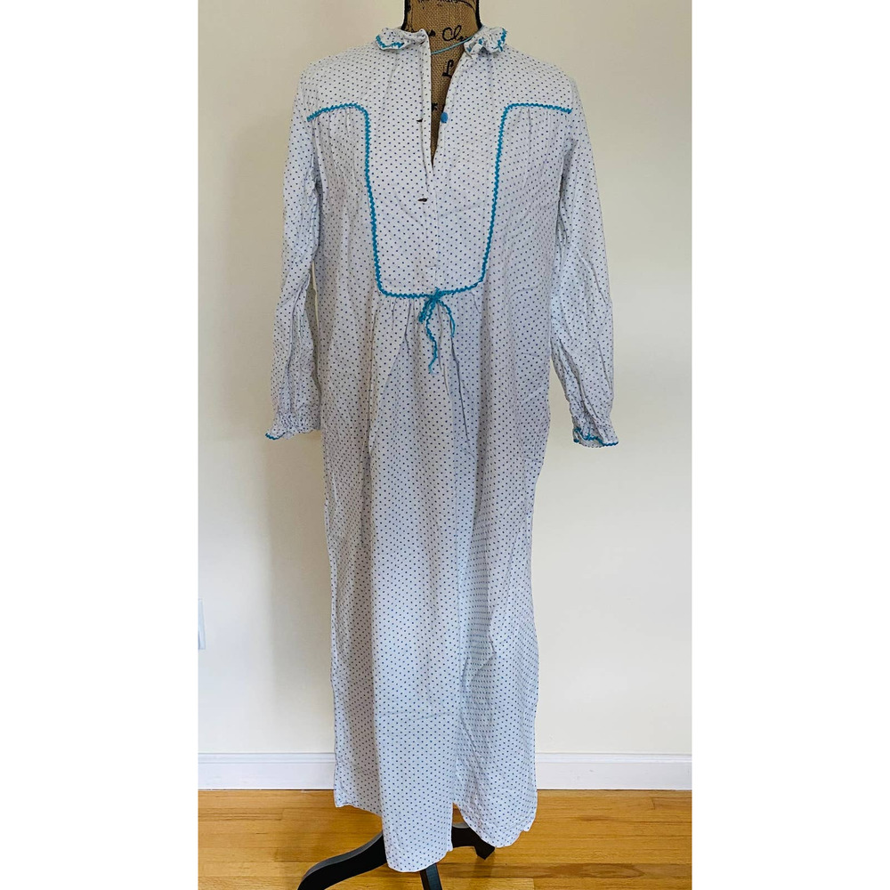Handmade Cotton Flannel Blue White Lace Trim Pajama Nightgown Size Small Medium